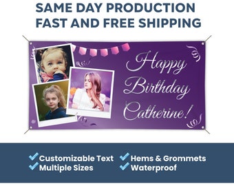 Happy Birthday Custom Vinyl Banner With Three Photos