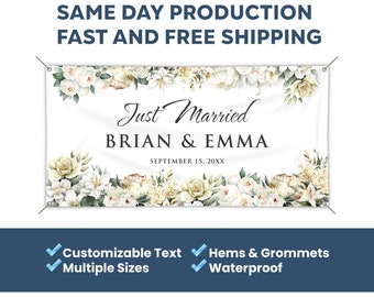 Just Married Custom Vinyl Banner Wedding Congratulations White Watercolor Flowers
