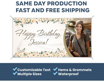 Happy Birthday Custom Vinyl Banner With Photo, Heavy Duty, Grommets, Hemmed Edges, Free Shipping