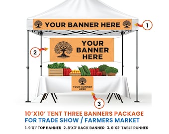 Custom Three Vinyl Banners Package for 10'x10' Tent / Canopy - Business Name, Logo, Custom Background - Trade Show, Farmers Market, Event