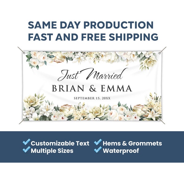 Just Married Custom Vinyl Banner Wedding Congratulations White Watercolor Flowers
