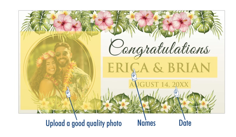 Wedding Congratulations Custom Personalized Banner With Photo Tropical Floral Design image 2