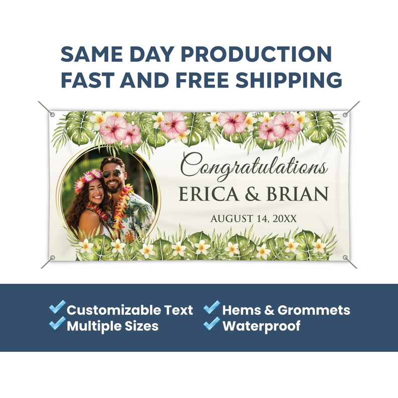 Wedding Congratulations Custom Personalized Banner With Photo Tropical Floral Design image 1