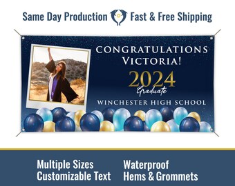 Congratulations Grad Custom Graduation Vinyl Banner With Photo, Graduation Party, Grommets, Hemmed Edges, Free Shipping