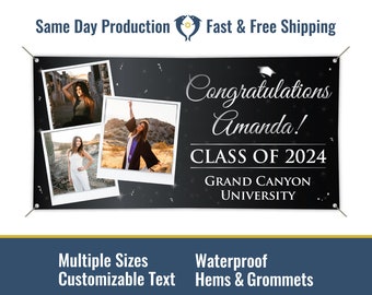 Congratulations Grad Custom Graduation Vinyl Banner With Three Photos, Graduation Party, Grommets, Hemmed Edges, Free Shipping