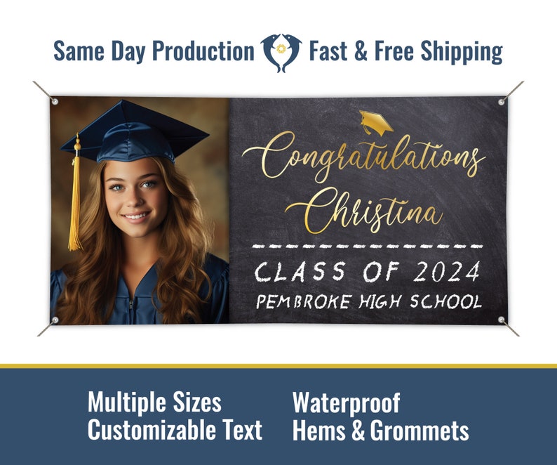 Congratulations Grad Custom Graduation Vinyl Banner With Photo, Graduation Party, Grommets, Hemmed Edges, Free Shipping image 1