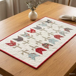 May include: A rectangular quilted table runner featuring a repeating pattern of floral tulips in shades of red, blue, and grey on a cream background, finished with a red border. The runner measures approximately 33 inches long by 21.5 inches wide.