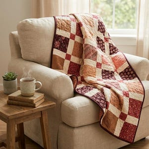 May include: A patchwork quilt featuring a grid of squares in shades of cream, deep red, and burnt orange with floral and geometric patterns, draped over a beige upholstered armchair. The quilt has a dark red border and visible stitching.