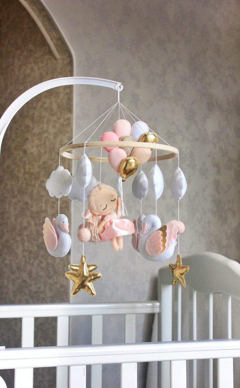 Princess and swan mobile Baby mobile girl gold stars baby mobile felt swan baby cot mobile nursery decor cute baby gift
