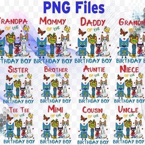 Família aniversário menino png/o gato png/pete png/mamãe do aniversariante/papai do aniversariante/arquivos de sublimação/png para camiseta