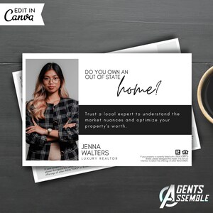 Cartolina agricola per proprietari assenti per agenti immobiliari: generazione di contatti di venditori, marketing immobiliare, modello modificabile, J1/download istantaneo di Canva