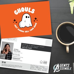 Cartão postal bonito de imóveis para Halloween, cartão postal de outono, modelo de imóveis, agricultura de corretor de imóveis, cartão postal editável, J1 | DOWNLOAD INSTANTÂNEO DO CANVA