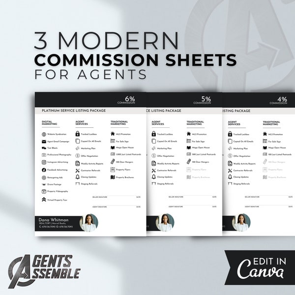 Real Estate Commission Sheets, Listing Commission Sheet Templates, Real Estate Marketing, Editable Template, D1 | INSTANT CANVA DOWNLOAD