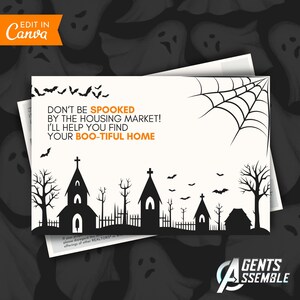 Plantilla de postal de Halloween de bienes raíces, postal de agricultura de agentes inmobiliarios, postal de bienes raíces, bienes raíces de octubre, J1 / DESCARGA INSTANTÁNEA DE CANVA