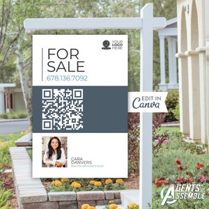 Yard Sign For Real Estate Agents, For Sale Sign For Realtors, Scannable QR Code, Customizable Template, v2 | Instant Canva Download