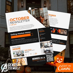 Boletín de noticias de bienes raíces para octubre, plantilla de boletín de noticias de Halloween, carta de agente inmobiliario sobre agricultura, personalizable, v2 / DESCARGA INSTANTÁNEA DE CANVA