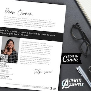 Może przedstawiać: Czarno-biała wizytówka ze zdjęciem uśmiechniętej kobiety. Na wizytówce widnieje napis "Szanowny Właścicielu" i "Do usłyszenia!" wraz z tekstem "Jenna Walters Luxury Realtor" i danymi kontaktowymi. Wizytówka zawiera również kod QR i napis "Edytuj w Canva".