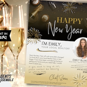 Lettera di auguri di buon anno per il settore immobiliare, biglietto di auguri per il cliente dell'agente immobiliare, marketing immobiliare, lettera di ricerca di potenziali clienti per il nuovo anno / DOWNLOAD IMMEDIATO DI CANVA