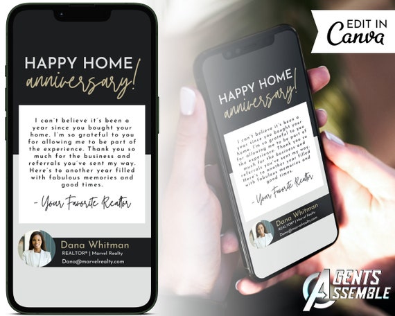 Real Estate Home Anniversary Card Template Textable Client Message Editable Canva Realtor Follow-Up Client Appreciation v3