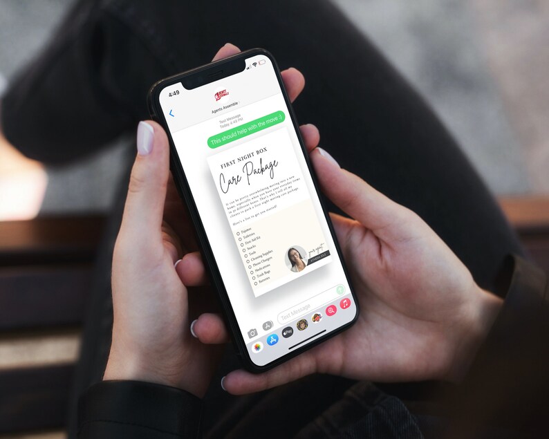 May include: A smartphone screen displaying a checklist titled "First Night Box Care Package". The checklist includes items such as "Food", "Toiletries", "Cleaning Supplies", and "First Aid".