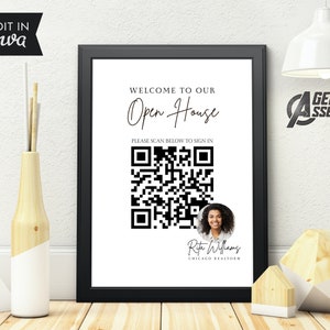 Könnte beinhalten: Ein schwarz-weißes Schild für ein offenes Haus mit einem QR-Code und dem Text "Willkommen zu unserem Tag der offenen Tür. Bitte scannen Sie unten, um sich anzumelden."  Das Schild enthält auch ein Foto eines Maklers mit dem Namen "Rita Williams, Maklerin in Chicago".