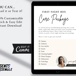 May include: A printable checklist for a first night care package. The checklist includes items such as pajamas, toiletries, a first aid kit, snacks, tools, cleaning supplies, phone chargers, medications, trash bags, and batteries. The checklist is titled "First Night Box Care Package" and includes the text "your agent, ATHENA JOLE".