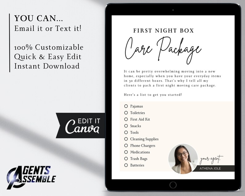 May include: A printable checklist for a first night care package. The checklist includes items such as pajamas, toiletries, a first aid kit, snacks, tools, cleaning supplies, phone chargers, medications, trash bags, and batteries. The checklist is titled "First Night Box Care Package" and includes the text "your agent, ATHENA JOLE".