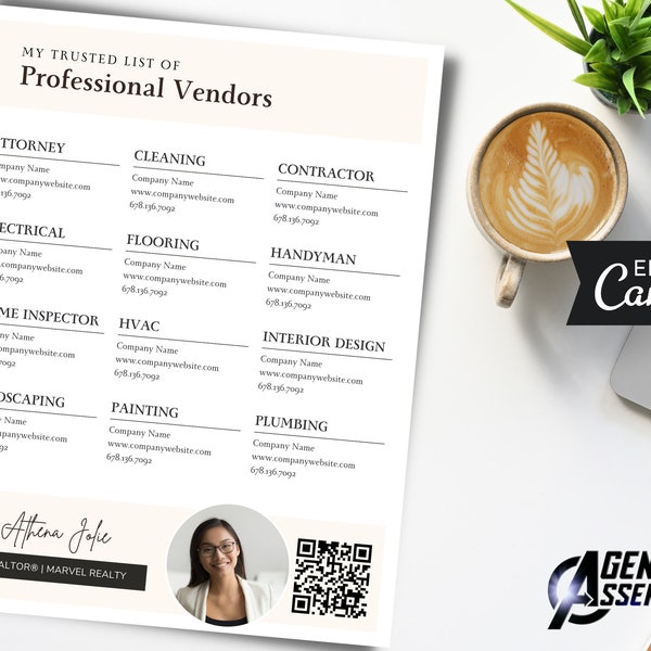 Realtor Vendor List Template Etsy