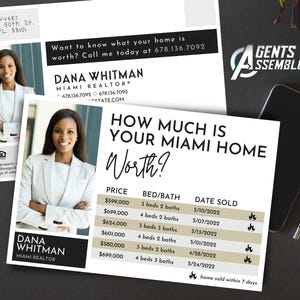 May include: Real estate marketing materials featuring a realtor, Dana Whitman, with contact information and recent home sales data. The materials include a postcard and a flyer with the text "How Much Is Your Miami Home Worth?"