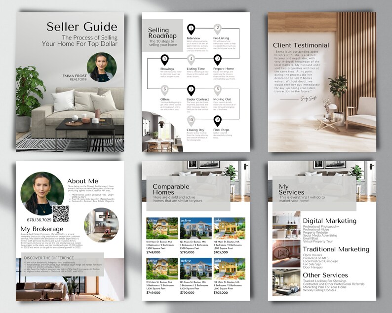May include: A real estate agent's marketing brochure with a gray and white color scheme. The brochure includes information about the agent, their services, and comparable homes. The brochure also includes a client testimonial and a selling roadmap.