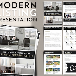May include: A modern real estate listing presentation template with a black and white colour scheme. The template includes images of a living room, kitchen, and bathroom. The text on the template includes the words "Modern Listing Presentation", "Sell Your Home for Top Dollar", "What Our Clients Say", "Seller Roadmap", "Similar Homes", and "My Services".
