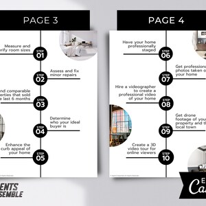 May include: A checklist with 10 steps for selling a home, divided into two pages. Page 3 includes steps like measuring and verifying room sizes, assessing and fixing minor repairs, finding comparable properties, determining the ideal buyer, and enhancing curb appeal. Page 4 includes steps like having the home professionally staged, hiring a videographer, getting professional photos taken, getting drone footage, and creating a 3D video tour.