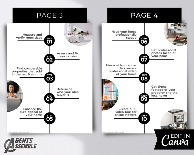May include: A checklist with 10 steps for selling a home, divided into two pages. Page 3 includes steps like measuring and verifying room sizes, assessing and fixing minor repairs, finding comparable properties, determining the ideal buyer, and enhancing curb appeal. Page 4 includes steps like having the home professionally staged, hiring a videographer, getting professional photos taken, getting drone footage, and creating a 3D video tour.