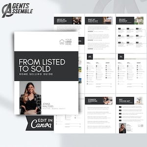 May include: A home selling guide titled "From Listed to Sold" with a photo of a realtor. The guide includes information on the selling process, client testimonials, and common questions. The text "Edit in Canva" is also visible.