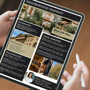 Puede incluir: Una tableta digital que muestra una instant&aacute;nea del vecindario de Beacon Hill, Boston, MA. La instant&aacute;nea incluye informaci&oacute;n sobre la demograf&iacute;a, las mejores escuelas, el transporte, los servicios locales y la informaci&oacute;n de contacto de un agente inmobiliario.