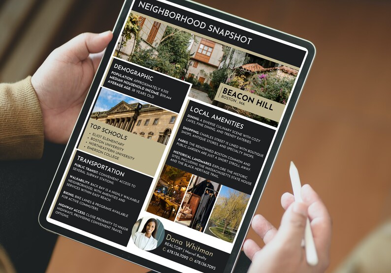 Puede incluir: Una tableta digital que muestra una instant&aacute;nea del vecindario de Beacon Hill, Boston, MA. La instant&aacute;nea incluye informaci&oacute;n sobre la demograf&iacute;a, las mejores escuelas, el transporte, los servicios locales y la informaci&oacute;n de contacto de un agente inmobiliario.