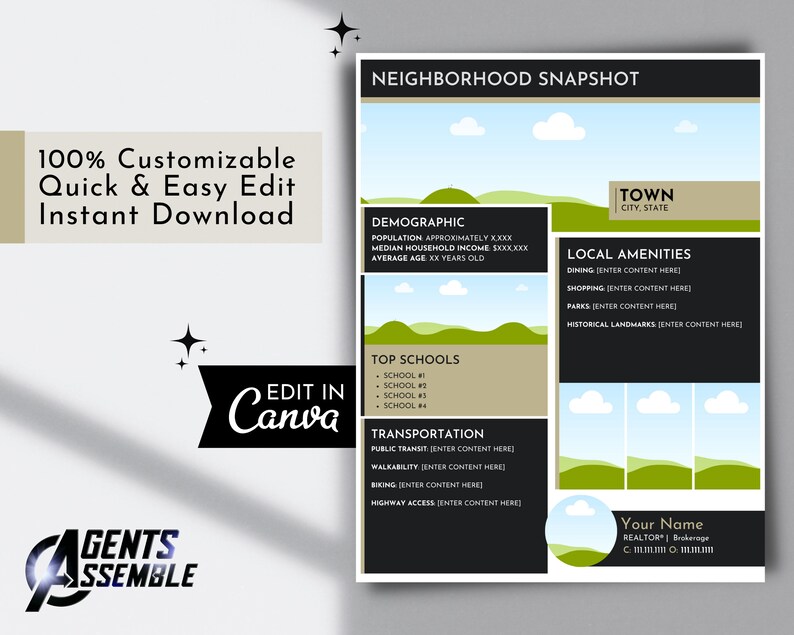 Puede incluir: Una plantilla de instant&aacute;nea de vecindario personalizable para agentes inmobiliarios. La plantilla presenta un esquema de color verde y negro con un nombre de ciudad, informaci&oacute;n demogr&aacute;fica, comodidades locales, las mejores escuelas y detalles de transporte. El texto "Edit in Canva" est&aacute; incluido en la imagen.