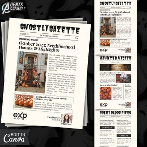 October Real Estate Newsletter Bundle, Ghostly Gazette Newsletter, Halloween Newsletter, Real Estate Marketing | INSTANT CANVA DOWNLOAD