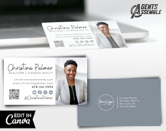 Real Estate Business Card, Real Estate Business Card Template, Realtor Business Card, Modern Grey Business Card | INSTANT CANVA DOWNLOAD