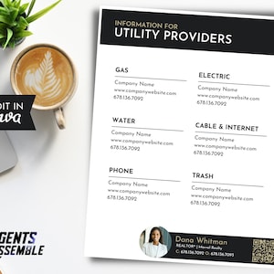Puede incluir: Un folleto blanco con texto negro titulado "INFORMACIÓN PARA PROVEEDORES DE SERVICIOS PÚBLICOS". Enumera la información de contacto de los servicios de gas, electricidad, agua, cable e Internet, teléfono y basura. El folleto incluye el texto "EDIT IN Canva" y el logotipo de Agents Assemble.