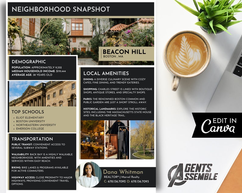 Puede incluir: Una instant&aacute;nea del vecindario de Beacon Hill, Boston, MA. La imagen presenta una ilustraci&oacute;n colorida de un vecindario con una superposici&oacute;n de texto que describe la demograf&iacute;a, las mejores escuelas, el transporte y las comodidades locales. El texto incluye informaci&oacute;n sobre la poblaci&oacute;n, el ingreso familiar promedio, la edad promedio, las escuelas, el transporte p&uacute;blico, la capacidad de caminar, el ciclismo, el acceso a las autopistas, los restaurantes, las tiendas, los parques y los puntos de referencia hist&oacute;ricos. La imagen tambi&eacute;n incluye una foto de una mujer con una superposici&oacute;n de texto de su nombre y t&iacute;tulo, "Dana Whitman, REALTOR&reg; | Marvel Realty". La imagen tambi&eacute;n incluye un logotipo para "AGENTS ASSEMBLE" y el texto "EDIT IN Canva".