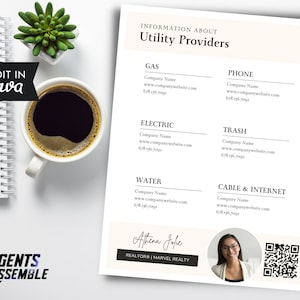Puede incluir: Un documento imprimible blanco y beige con el título "Información sobre proveedores de servicios públicos". El documento enumera los nombres, los sitios web y los números de teléfono de los proveedores de servicios públicos para gas, teléfono, electricidad, basura, agua y cable e internet. El documento también incluye una foto de una mujer y un código QR.
