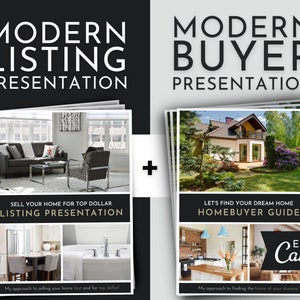 Puede incluir: Una plantilla de presentación de marketing digital para agentes inmobiliarios. La plantilla presenta un diseño moderno con imágenes de casas y texto que dice "Presentación de listado moderno" y "Venda su casa por el mejor precio".