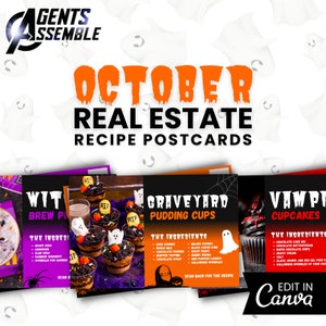May include: Three Halloween-themed recipe postcards with images of desserts. The first postcard features a purple and black background with a witch's brew pudding cup. The second postcard features a black and orange background with a graveyard pudding cup. The third postcard features a red and black background with a vampire cupcake.