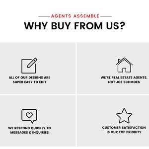 May include: A graphic with four icons and text describing why to buy from a real estate agent. The icons are a pencil in a square, a house, a heart in a speech bubble, and a star. The text reads "All of our designs are super easy to edit", "We're real estate agents. Not Joe Schmoes", "We respond quickly to messages & inquiries", and "Customer satisfaction is our top priority".
