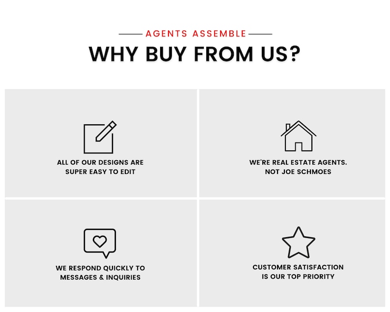May include: A graphic with four icons and text describing why to buy from a real estate agent. The icons are a pencil in a square, a house, a heart in a speech bubble, and a star. The text reads "All of our designs are super easy to edit", "We're real estate agents. Not Joe Schmoes", "We respond quickly to messages & inquiries", and "Customer satisfaction is our top priority".