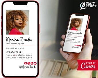 Puede incluir: Una tarjeta de presentación digital para un agente inmobiliario llamado Monica Rambo. La tarjeta presenta una foto de la agente, su nombre, cargo, número de teléfono, dirección de correo electrónico, dirección del sitio web e iconos de redes sociales. La tarjeta está diseñada con un estilo moderno y profesional con un fondo blanco y texto negro.