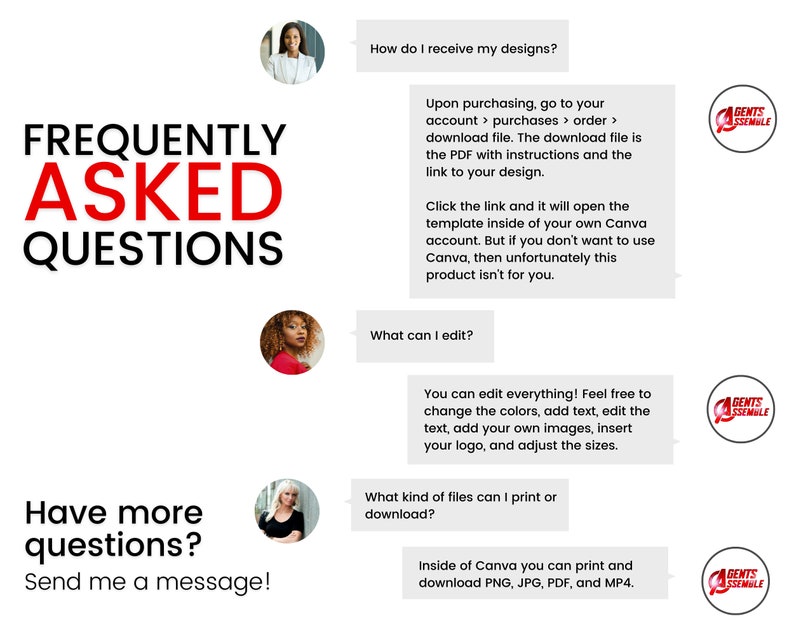 May include: Frequently asked questions about digital design templates. The text includes information about how to receive designs, edit them, and what file types can be printed or downloaded. The image also includes a logo for "Gents Assemble".