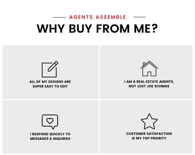 May include: A graphic with four icons and text explaining why you should buy from a real estate agent. The icons are a pencil in a square, a house, a heart in a speech bubble, and a star. The text reads "All of my designs are super easy to edit", "I am a real estate agent, not just Joe Schmoe", "I respond quickly to messages & inquiries", and "Customer satisfaction is my top priority".