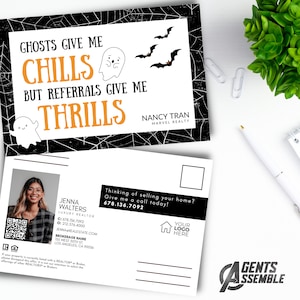 Modelo de cartão postal imobiliário de Halloween, cartão postal de referência de cliente, marketing de corretor de imóveis, cartão postal imobiliário, J1 | DOWNLOAD INSTANTÂNEO DO CANVA